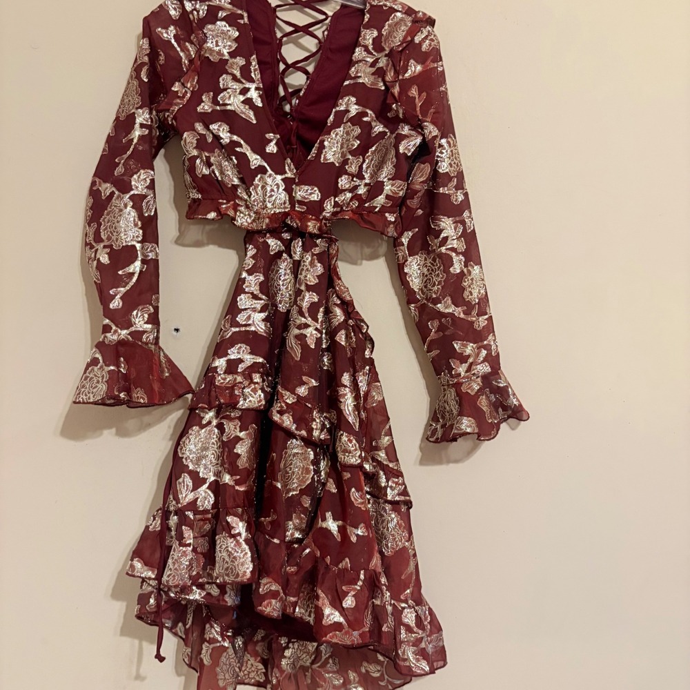 Altar'd State Mollee GG143 Burgundy Gold Metallic Floral Mini Dress Medium - Picture 11 of 15